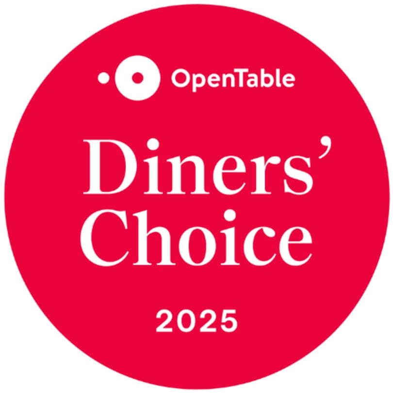 Red circular OpenTable Diners' Choice 2025 award logo.